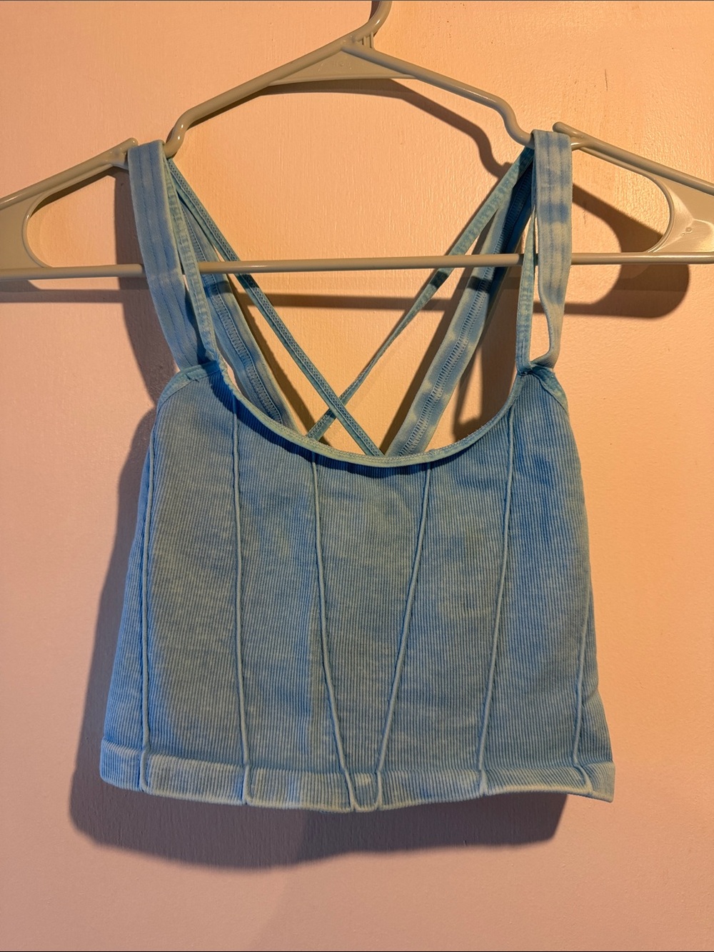 Free People Light Blue Ribbed Cropped Tank Top/Sports Bra with Crisscross Back